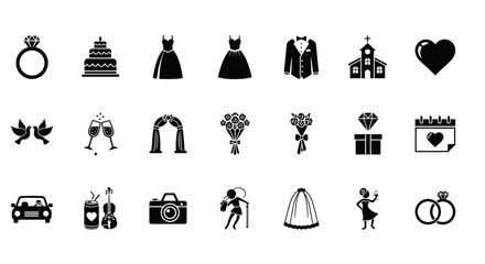 Obraz premium Set of black wedding icons in silhouette style, a vector collection of marriage and love symbols for design elements