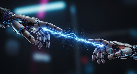 Symbolic connection between robotic machine hand and cyborg hand creating electric spark data transfer