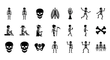 Fototapeta premium A comprehensive icon set of human skeletons and bones, featuring figures in various activities and isolated anatomical parts like the skull and ribs