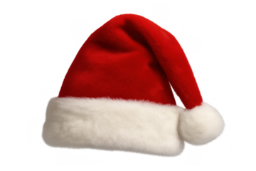 Santa claus hat, red and white christmas cap with faux fur and pompom, seasonal festive attire on transparent background