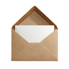 Brown kraft paper envelope with a blank white card inside for mockup. Isolated on transparent background, png