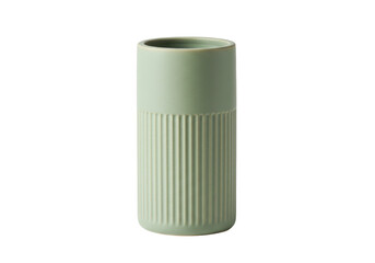 Isolated sage green ceramic vase. Plain green vase with patterned rim, cylinder plant pot