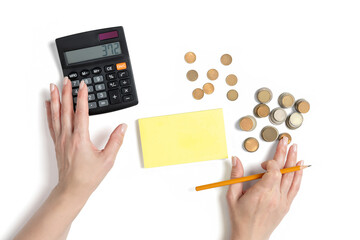 Female hands counting nameless coins with calculator and yellow notepad, concept of money calculation, household budget planning and accounting, isolated object on transparent background.