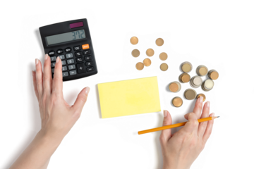 Female hands counting nameless coins with calculator and yellow notepad, concept of money calculation, household budget planning and accounting, isolated object on transparent background.