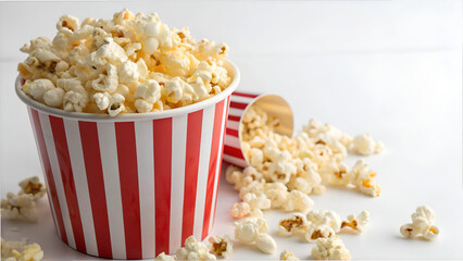 Delicious Popcorn in Yellow and White Striped Bucket on Bright Background | Snack Time | Cinema Food Concept
