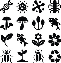 Biological diversity icons set showcasing nature, life, and ecological balance in simple black symbols