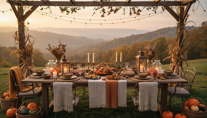 Autumn Outdoor Dining Table Thanksgiving Feast Golden Hour Sunset Rustic Countryside