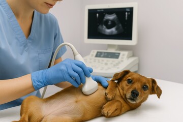 Veterinary doctor performing ultrasound examination on small dog using medical scanner in clinic, animal healthcare concept, close-up view of procedure. Ai generative