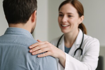 Female doctor comforting male patient with hand on shoulder, expressing empathy and support in a healthcare setting. Ai generative. Ai generative