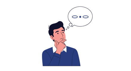A thoughtful man ponders deeply, his hand on his chin, with a perplexed expression in his thought bubble representing contemplation and problem-solving.