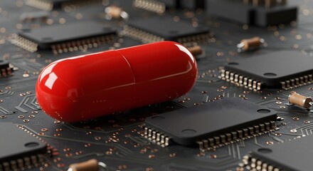 A red capsule rests on a circuit board populated with microchips. Close-up view
