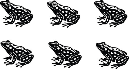 Six stylized black frogs with white polka dots arranged in two rows, clean white background