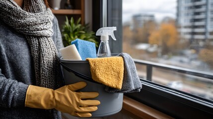 Individual wearing yellow gloves holding a bucket filled with cleaning supplies and microfiber towels near a bright window