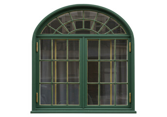 Isolated window with an arched top and green frame lets light into a room or space