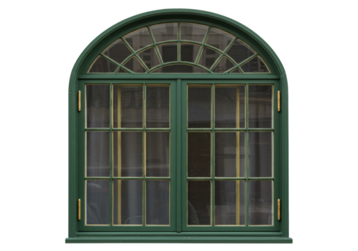 Isolated window with an arched top and green frame lets light into a room or space