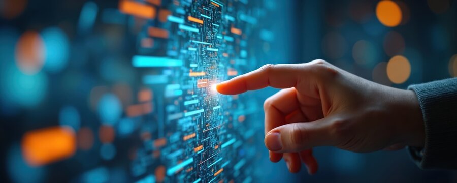 Person hand touches futuristic digital screen. Glowing interface shows complex circuit patterns, data flows. Image signifies innovation, advanced tech, human-machine interaction in global network.