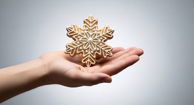 Hand holding a snowflake cookie on an open palm against a grey background  
