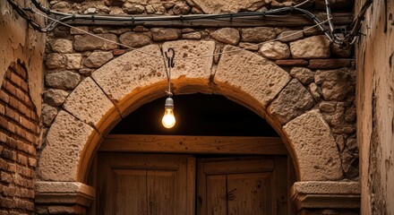 Stone archway with hanging light bulb over wooden doors in historic alleyway