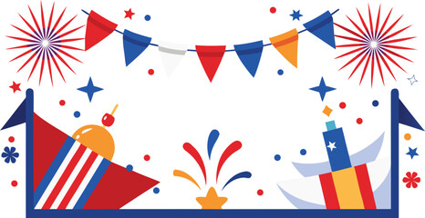 Obraz premium Bastille Day border with French flags, fireworks, and tricolor ribbons.