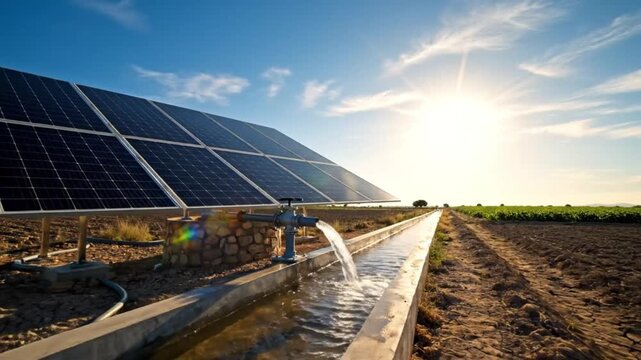 Solar panels on a farm with irrigation system flowing water in a sunny field