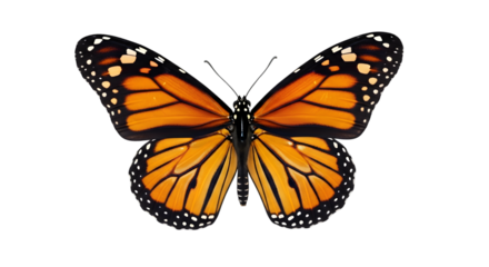 Title: Orange Monarch Butterfly in Motion — Dynamic Wing Detail Isolated on White Background
