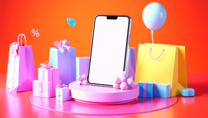 3D Online Shopping Scene with Smartphone Mockup, Gift Boxes, and Balloons