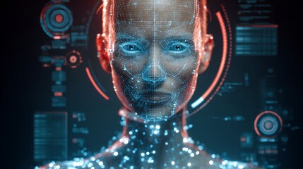Futuristic ai avatar customization interface with glowing holograms and neon background design