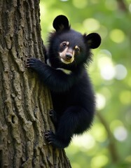 Young black bear cub climbs tree. Cute animal sits on branch looking. Furry wild cub is alone in nature. Wildlife protection concept. Funny bear baby face animal behavior.