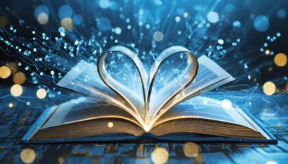 An open book with heart-shaped pages glowing in blue light, representing digital love.