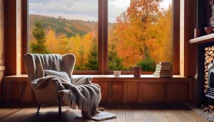Fototapeta premium Cozy reading nook with a blanket on a chair, hot drink, and a window showing autumn foliage in the distance.
