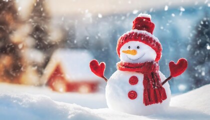 A cheerful snowman wearing a red scarf and hat, standing in a snowy landscape with a warm house in the background.