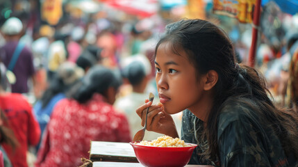 Young Cambodian girl eating noodles among a crowd at a street food market, showing daily habits and authentic Asian lifestyle concept