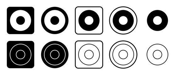 Icon set of record media symbol. Filled, outline, black and white icons set, flat style.  Illustration on transparent background