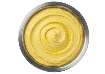 Isolated bowl of hummus swirls with olive oil, a savory Mediterranean dip or spread. Ready to eat