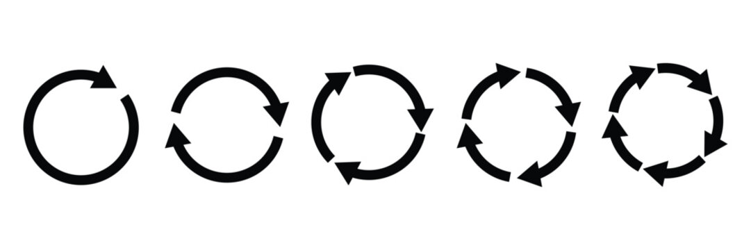 Circle arrow icon set. Set of circle arrows rotating, different circular arrows of black color isolated. Recycle, repeat, refresh icon. Vector illustration.