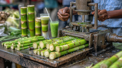Fresh sugarcane juice being prepared at Cambodian street stall, showing local production and tropical refreshment concept