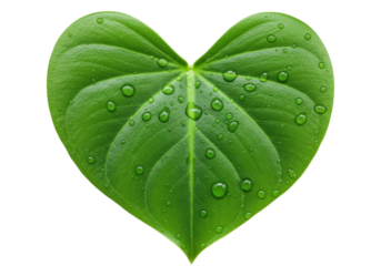 Isolated green heart-shaped leaf with water droplets for organic, natural concepts or design