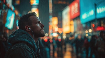 Boy listening intently to music via earbuds surrounded by neon-lit billboards encapsulating energy of nightlife in big cities
