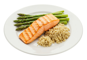 Isolated dinner plate with grilled salmon, asparagus, and quinoa for healthy meal