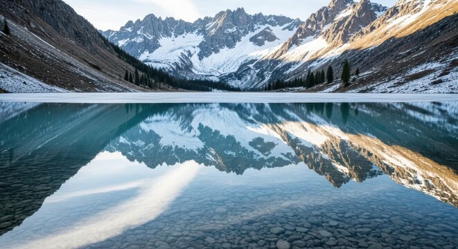 Serene mountain lake with snow-capped peaks reflected in crystal clear water