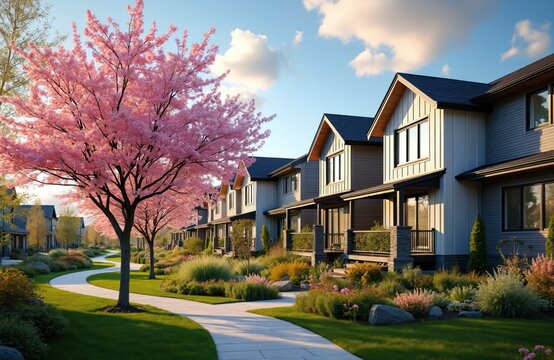 Modern residential houses line peaceful suburban street. Beautiful pink cherry blossom trees bloom along winding path. Green lawns, gardens surround homes. Bright sunny spring day in new real estate