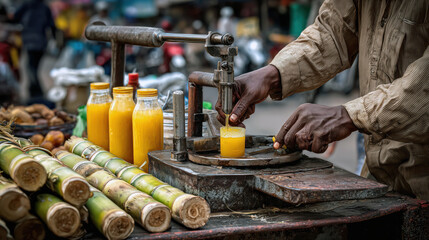 Hands preparing fresh sugarcane juice with bottles and cups at Cambodian market, showing local craftsmanship and tropical lifestyle concept