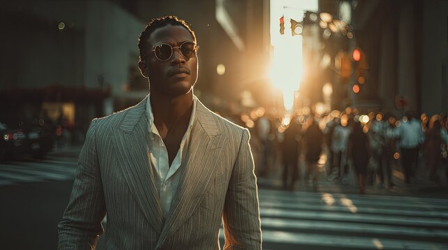 A stylish man in urban lifestyle walking confidently through a sun-drenched downtown crosswalk cinematic street photography - Powered by Adobe