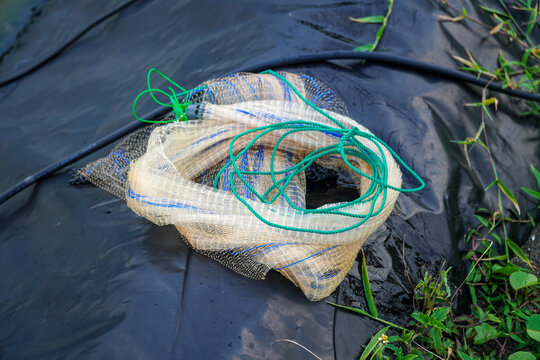 A coiled net sits outdoors, displaying its intricate woven design. The contrasting colors and textures create an engaging visual narrative. Ideal for backgrounds and design use.
