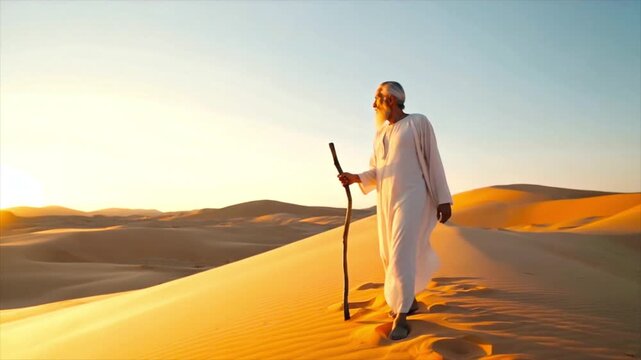 Biblical Scene of Israelites Marching Around Jericho Walls. ancient biblical figure on journey, religious history footage,
Old man with staff walking on sand dunes. Moses Observing the Burning Bush