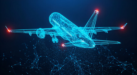 3D Wireframe Airplane With Digital Network Connections