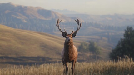 Fototapeta premium Big deer animal stand on hill landscape illustration wallpaper.