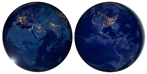 Earth at night isolated in a transparent background. City Lights of Earth. World Map Satellite image. Elements of this image furnished by NASA. © gizemg