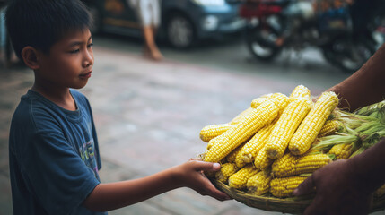Cambodian boy holding corn cobs at street stall, showing local produce and connection in daily lifestyle concept