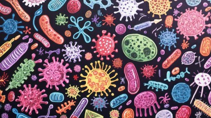 Naklejka premium cartoon illustration art viruses, bacteria, and microbes is collected on a background.